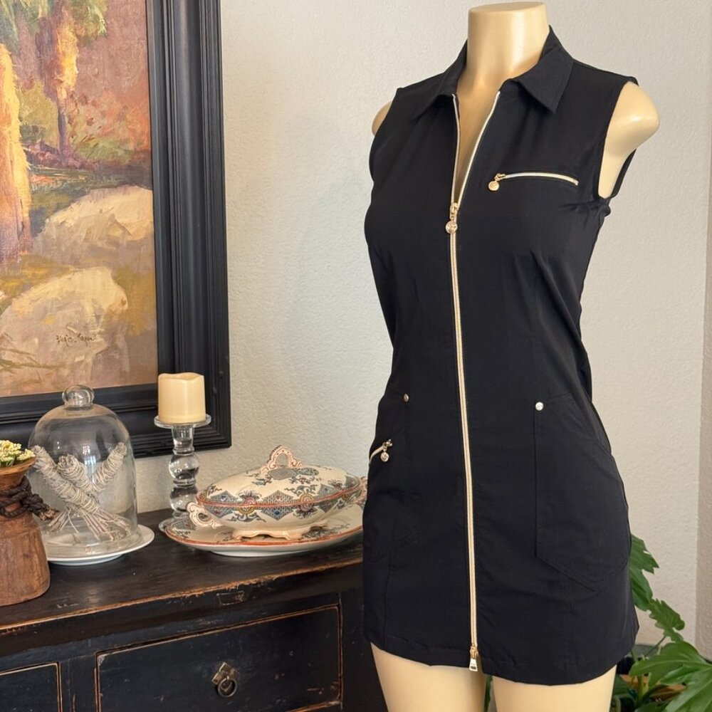 Daily Sports Full Zip Front Sleeveless Bl.Dress w/ Gold Accent Zippered Pockets